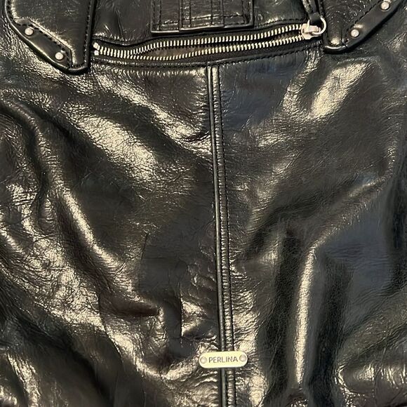 Perlina large black leather handbag 3 inside 1 outside zip pockets EUC - Picture 7 of 17